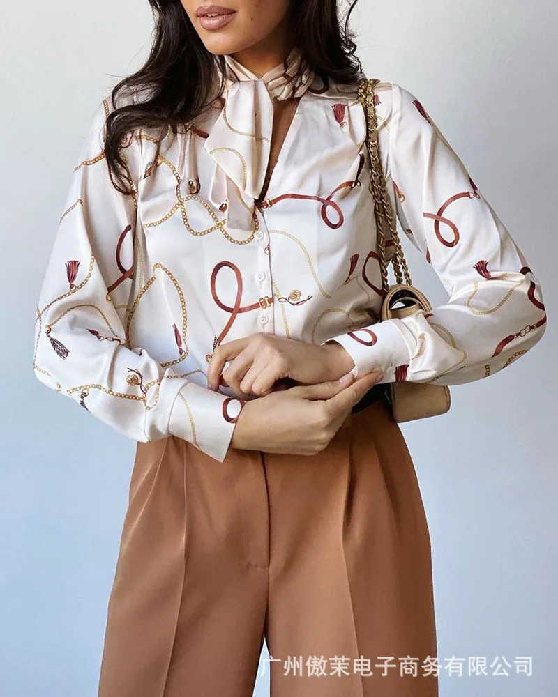 

Женская рубашка с принтом, белая рубашка на шнуровке, осень-лето 2022