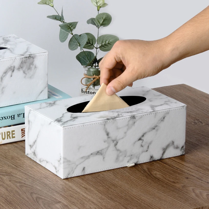 

Marble Pattern Leather Tissue Box Napkin Drawer Box Cover Holder Protected Case Storage Washroom Office Dining Desktop