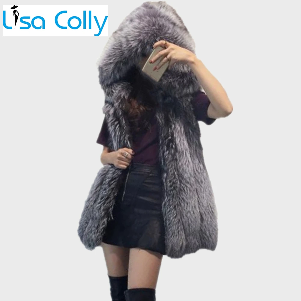 Fashion Winter Women Faux Fur Vest With Hooded Woman Faux Fox Fur Coat Long Furs Coat Jacket Female Ladies Overcoat