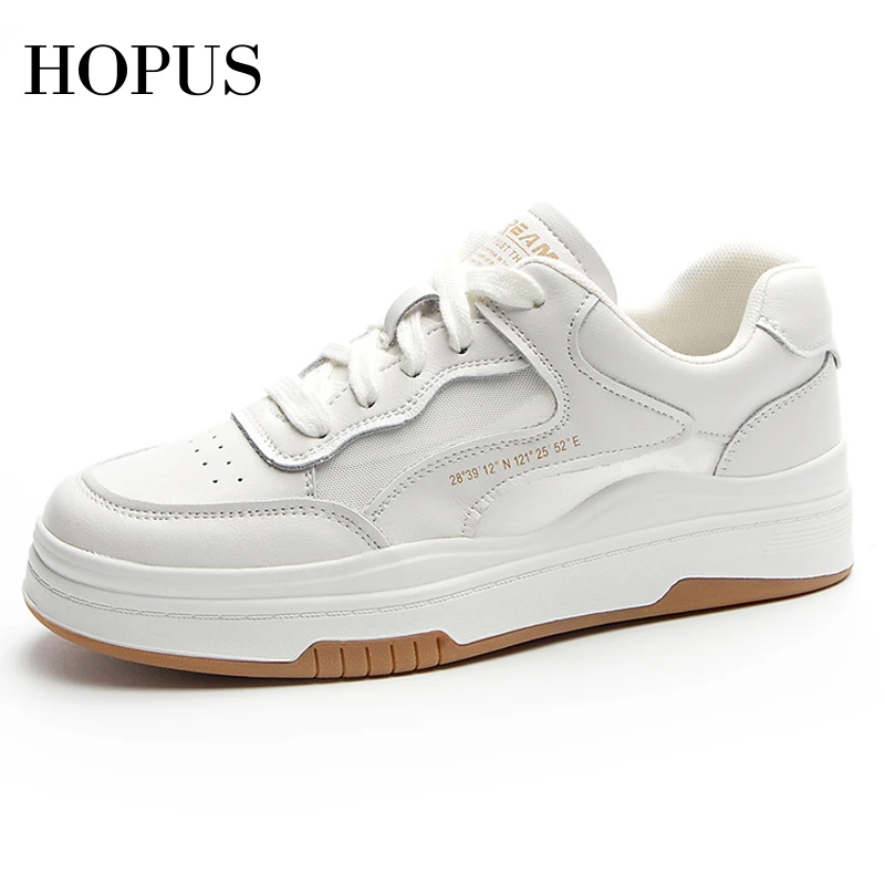 

HOPUS Casual Women's Shoes 2023 New Trends Leather Soft Women Vulcanized Shoes Breathable Round Toe White Mesh Sneakers Platform