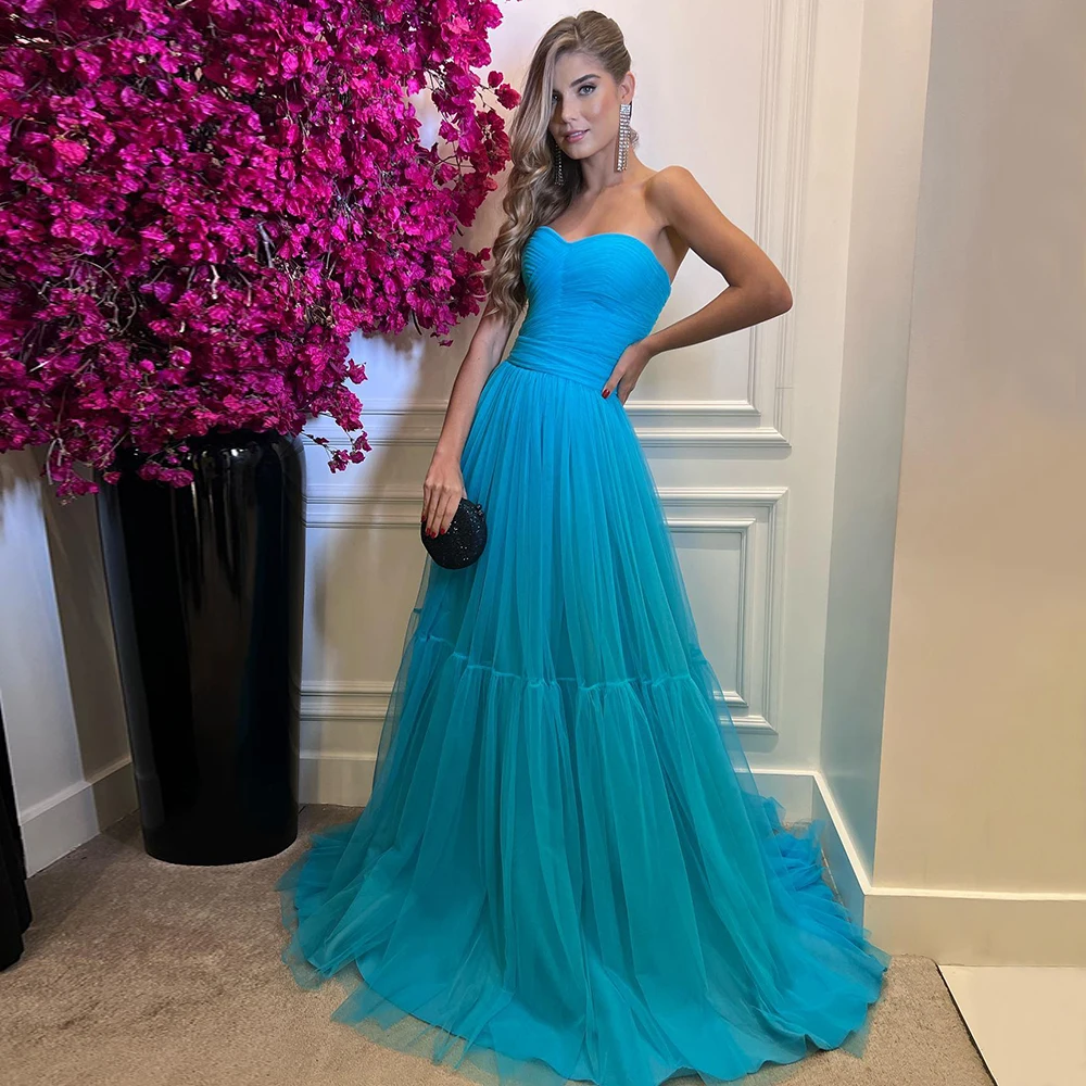 

Charming Sky Blue A-Line Sweetheart Formal Evening Dresses Floor Length Sexy Backless Prom Gowns with Bow Wedding Party Dresses