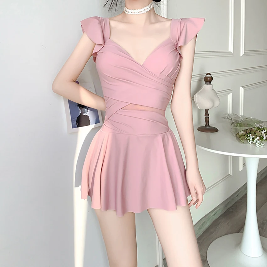 

Solid Color Chest Gather Swimsuit Fashion Cute Conservative Mini Dress Swimsuit Swimskirt Beach Wear