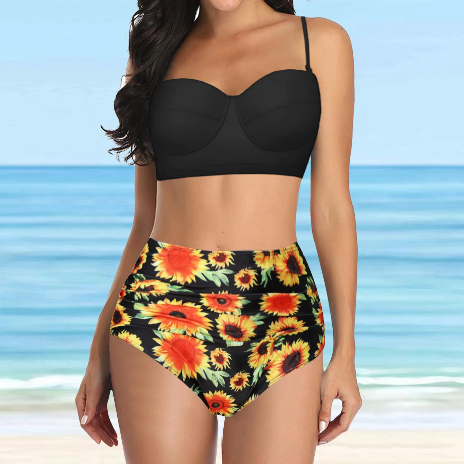 

Женский купальник с принтом подсолнухов, бикини с завышенной талией, пуш-ап, пляжная одежда в ретро стиле, комплект для плавания