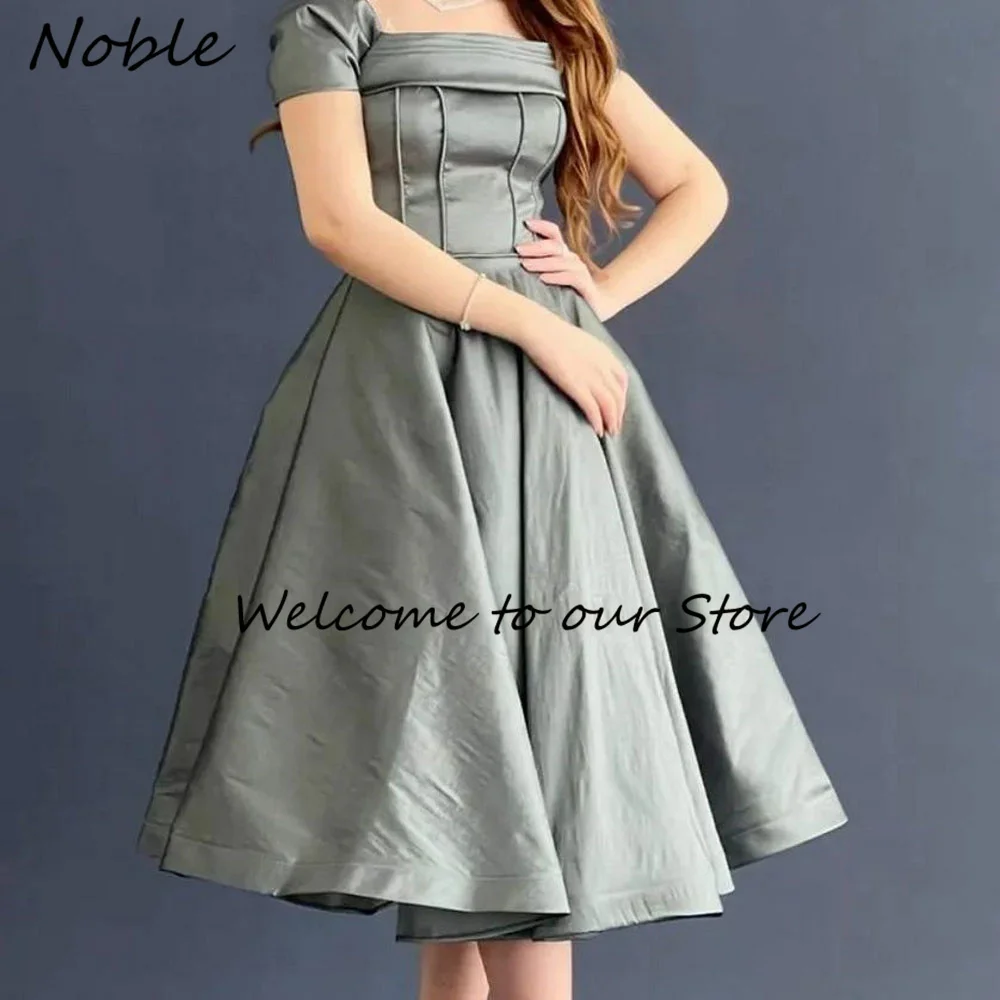 

Noble Simple Tea-Length Party Gowns For Women Off The Shoulder Satin Evening Dresses Pleated A-Line Formal Dress