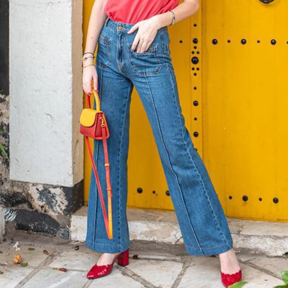 

Vintage High Waist Denim Women Pockets Elastic Cotton Wide Leg Pants Bright Line Decoration Show Thin Fashion Jeans Trousers