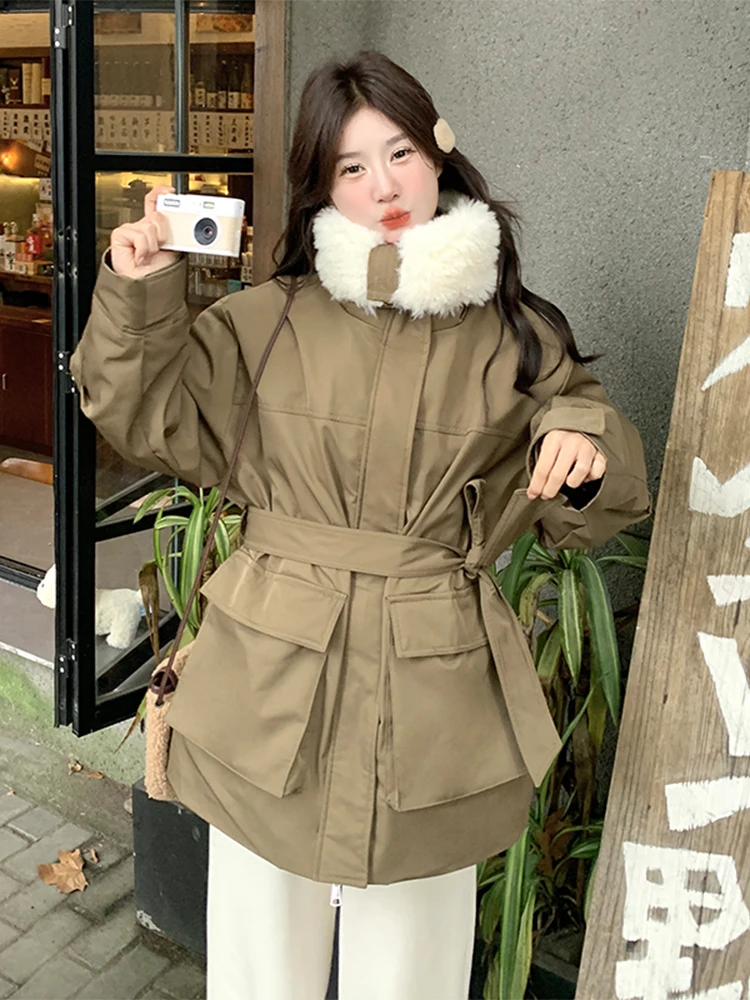 Lamb Wool Large Lapel Cargo Parker Down jacket Mid-Length Women 2024 Winter Korean Sle Loose Waist Hugging Thickened Outerwear