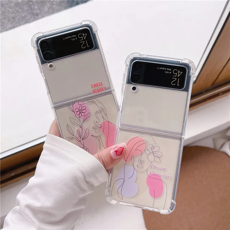 

For Samsung Z Flip 3 4 Case Line Woman Clear Shockproof Protective For Samsung Galaxy Z Flip 4 3 Phone Cover