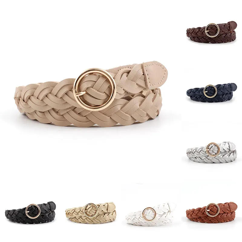 

Women's PU Leather Braided Thin Narrow Dress Belt High Quality New Fashion Causal Waistband Metal Pin Buckle Ladies Female