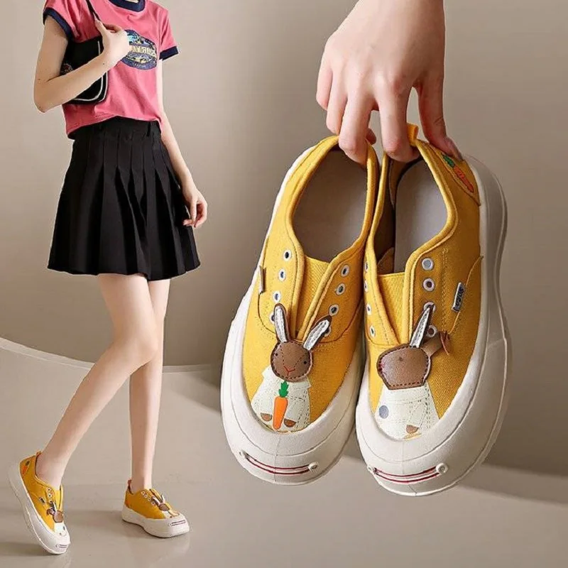 2023 new korean rabbit canvas shoes women's chunky platform trainers summer slip on sneaker woman designer preppy shoes loafers