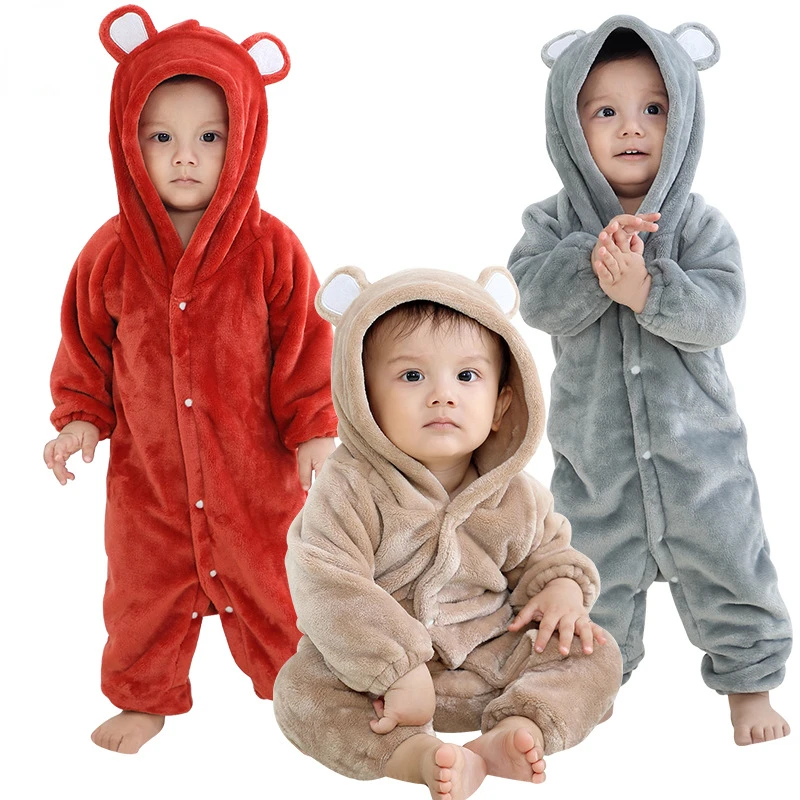 

Newborn Baby Boy Girl Flannel Romper Children's Bear Jumpsuit Hooded Single-breasted Spot Romper Soft Baby Clothes
