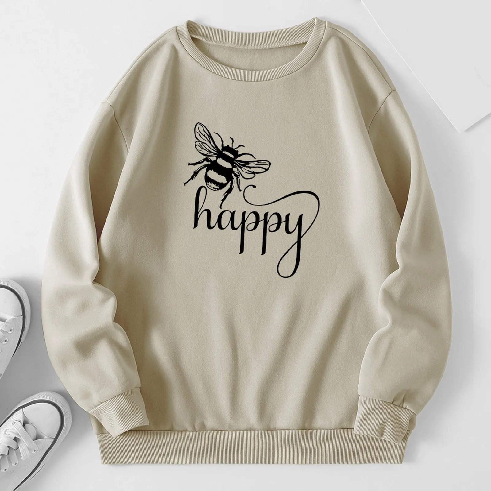 

Womens Autumn Winter Round Neck Bee Print Fleece Loose Fit Sweater Polyester Sleeve Polyester Sweatshirt