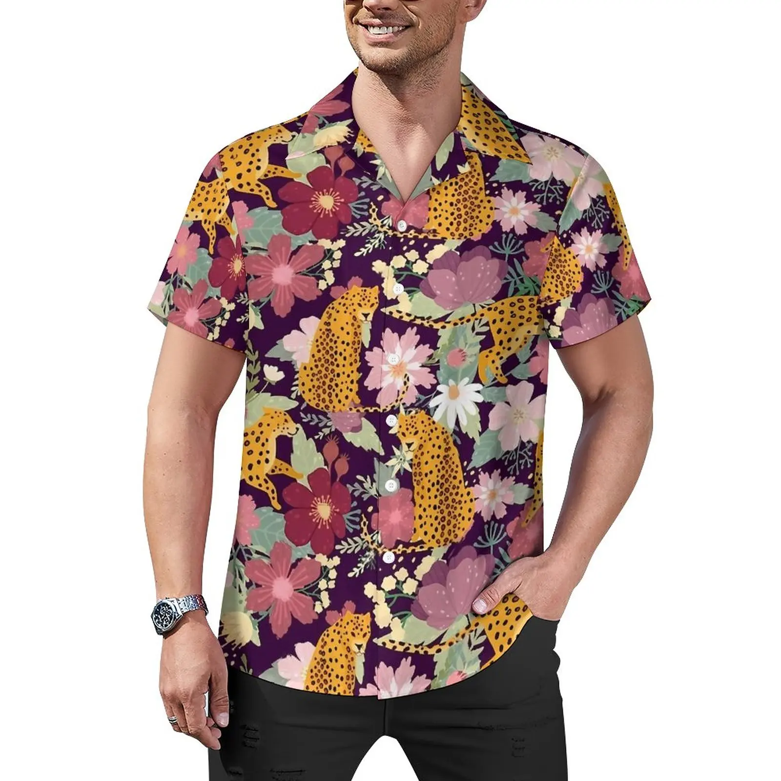 

Пляжная рубашка с цветочным леопардовым принтом, летние повседневные рубашки с зелеными листьями, мужские модные блузки, одежда с графическим рисунком и коротким рукавом