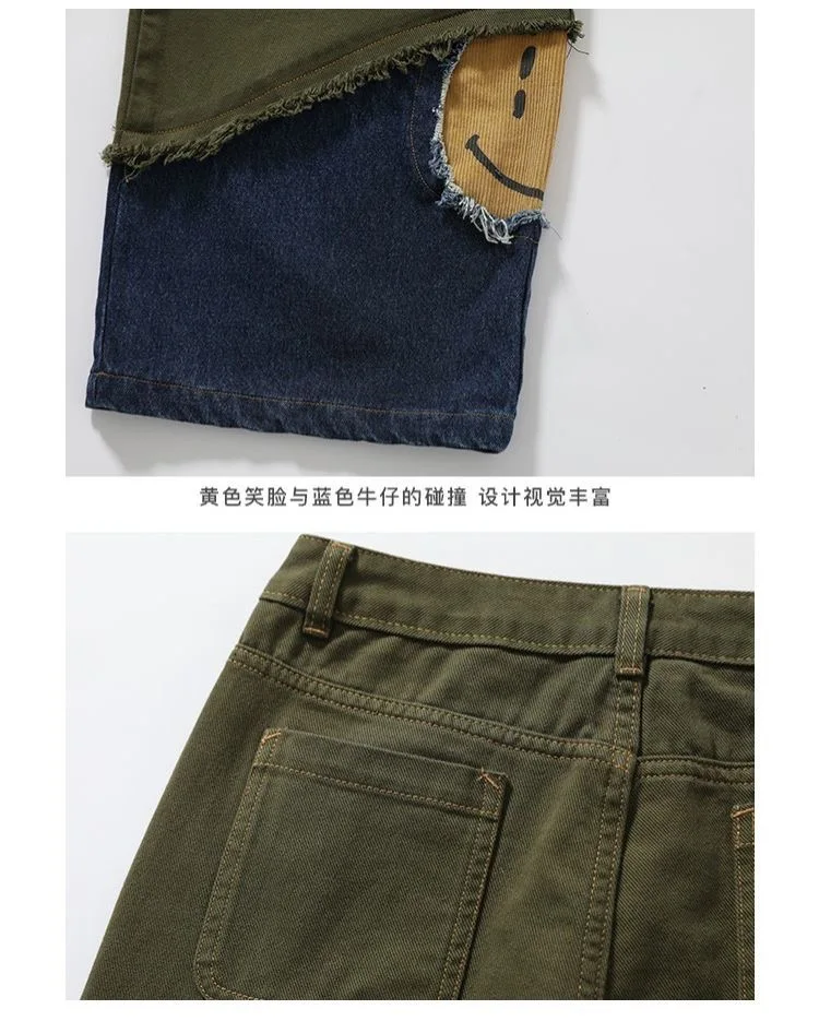 Jeans design sense men and women spring and autumn loose straight stitching design sense retro wide-leg pants hip-hop trousers