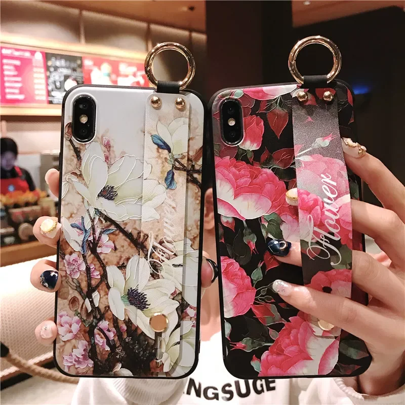 

3D Emboss Rose Flower phone Case For iphone 12 Mini 11 13 Pro XS MAX X XR Wist Strap Support Soft TPU Case For 6S 8 7 plus Cover