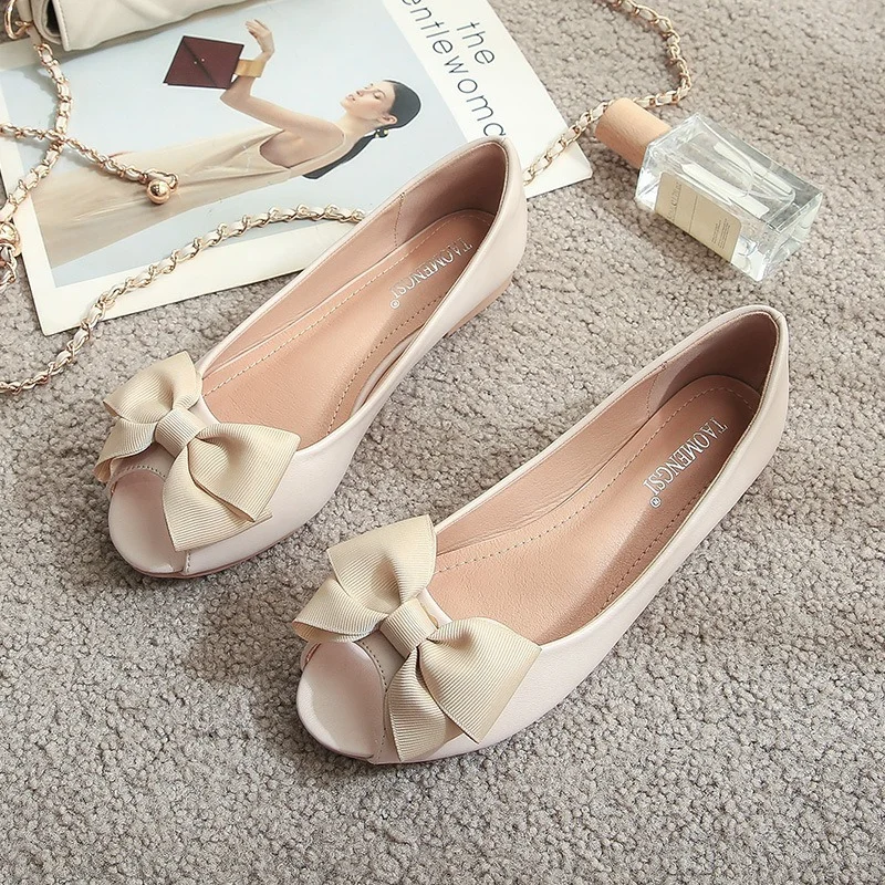 

2022 Bow Flat Shoes Peep Toe Ballet Flats Women Soft Bottom Leather Moccasins New Spring Summer Slip on Loafers Plus Size 33~43