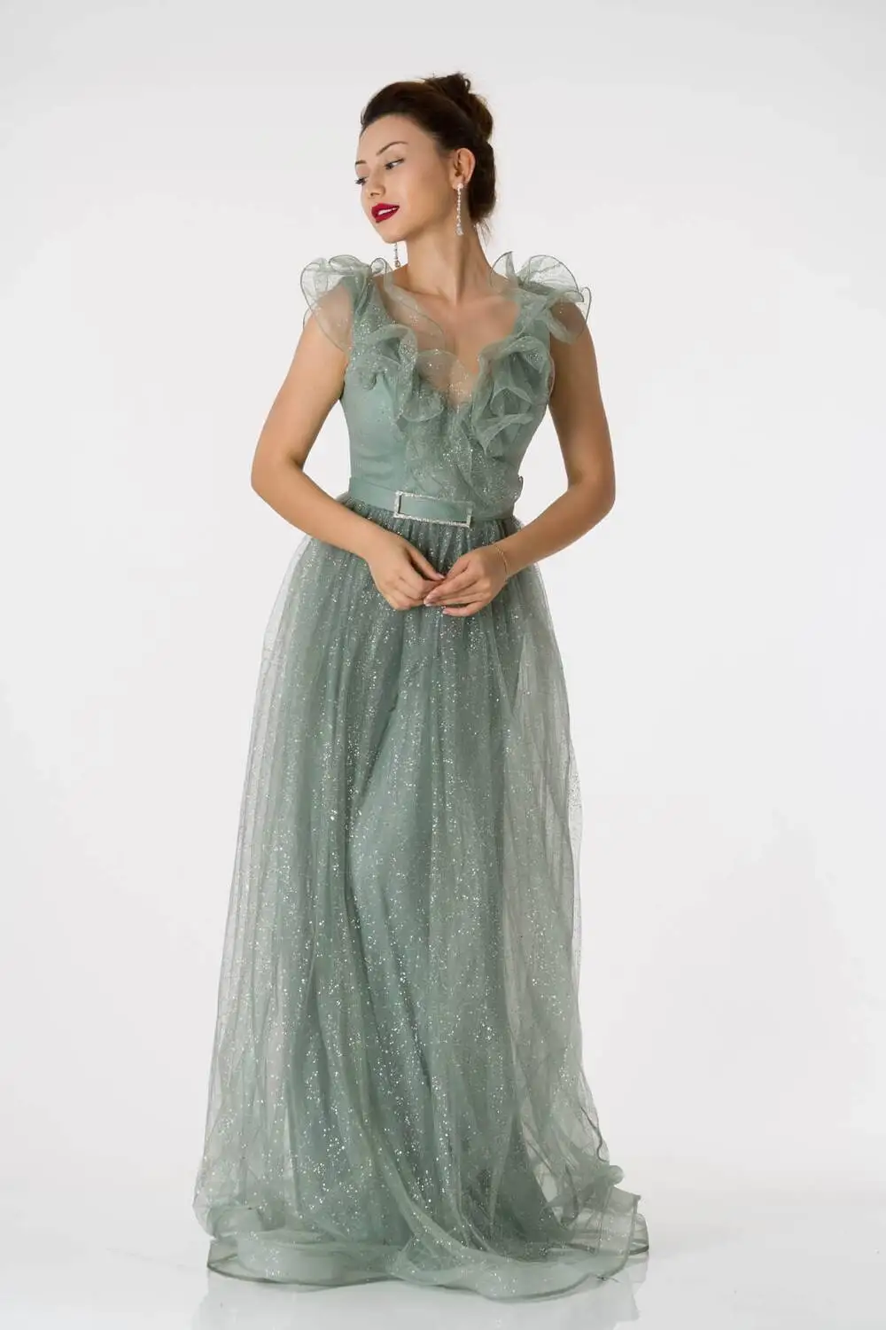 

Shoulders Frilly Silvery Emerald Long Evening Dress