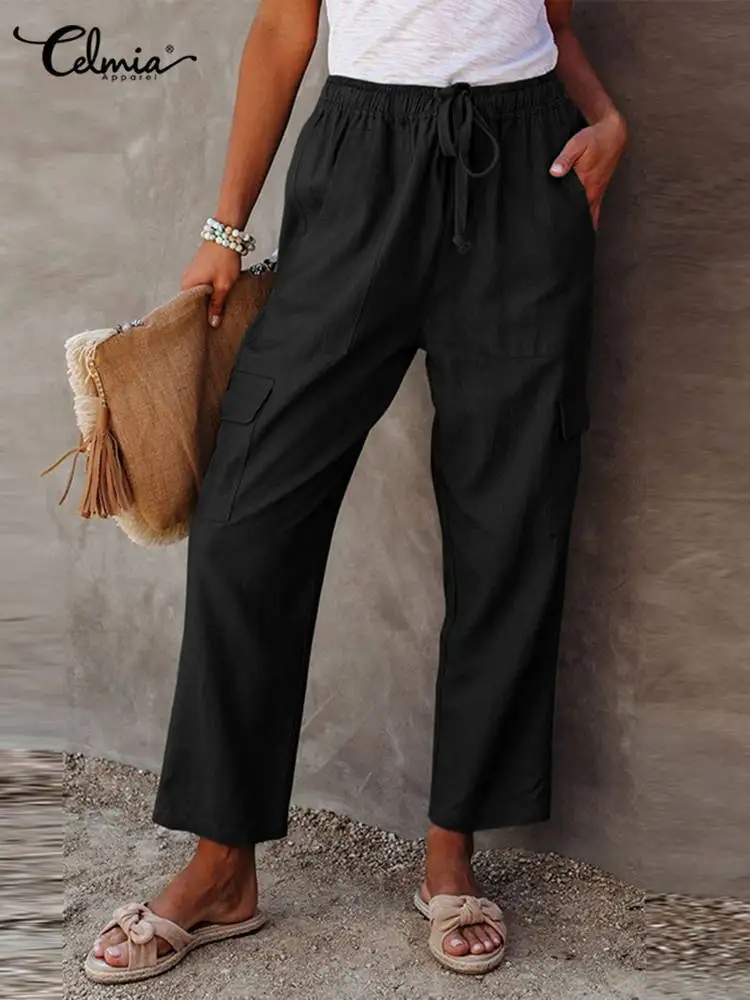 

Celmia Casual Pockets Cargo Trousers Oversize Bandage Summer Elastic Waist Capris Femme Streetwear Women 2022 Fashion Long Pants