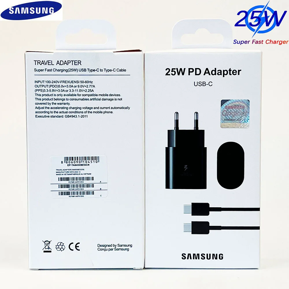 

Original Samsung A53 A33 A52 A32 F52 S22 S21 S20 Super Fast Charger 25W EU Power Adapter EP-TA800 For Galaxy S10 5G Type C Cable