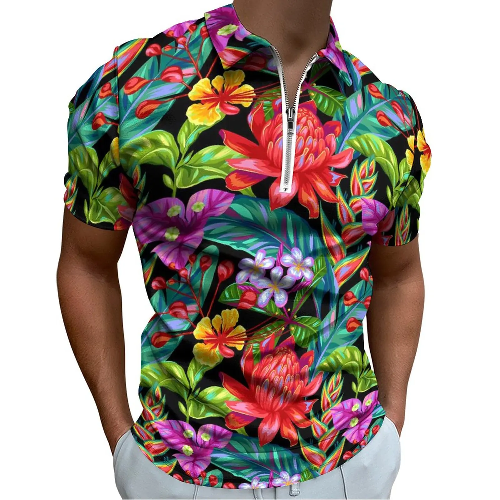 

Tropical Floral Casual Polo Shirts Red Flower Print T-Shirts Men Short-Sleeve Shirt Summer Trending Oversize Clothing Gift Idea