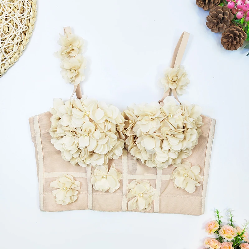 Женский цветочный топ-бикини с открытой спиной и бисером