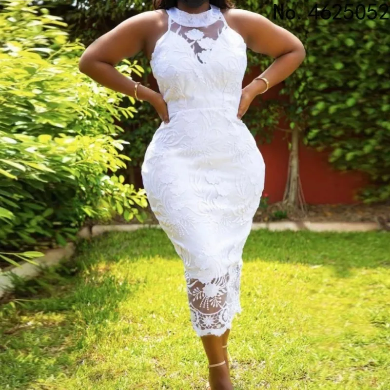 

Белое Кружевное Африканское платье для женщин, летнее Африканское женское платье без рукавов с круглым вырезом длиной до колен, африканска...