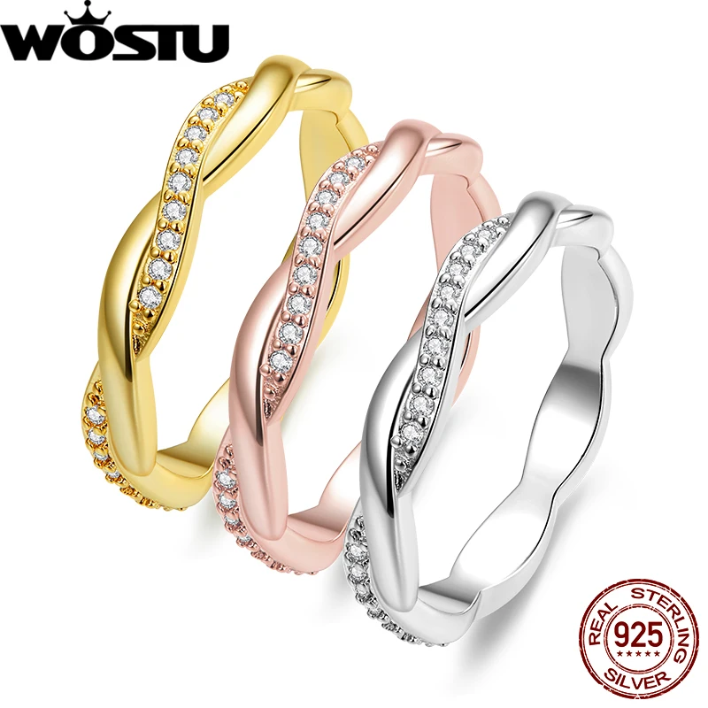WOSTU 925 Sterling Sliver Wedding Rings 14K Gold Plated Cubic Zirconia Twisted Rope Eternity Band Ring for Women Size 6 7 8 R248
