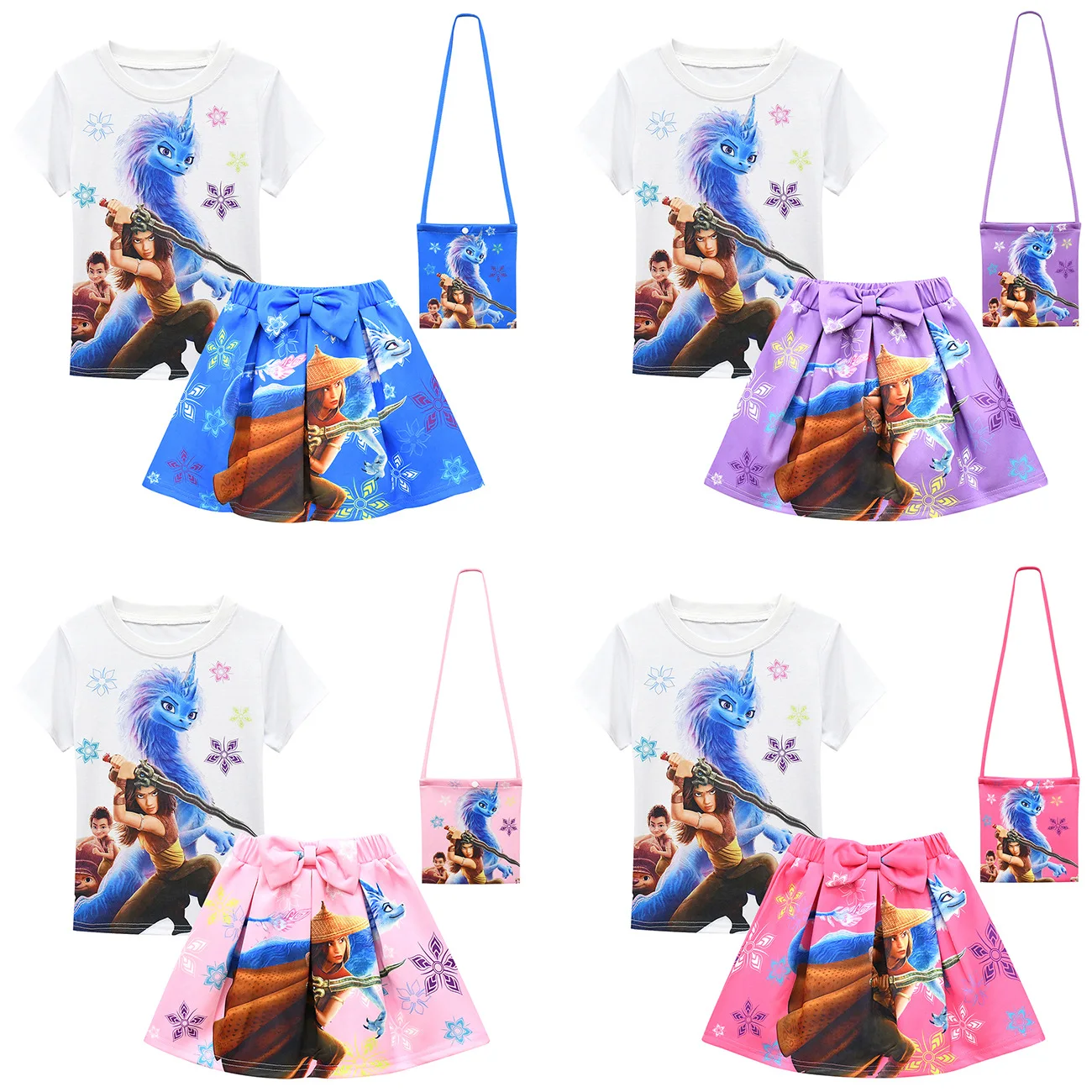 

2022 New Disney Summer Raya and The Last Dragon Cartoon Print Fashion Cute Suit Skirt Girls Three-piece Short Sleeve Skirt Bag