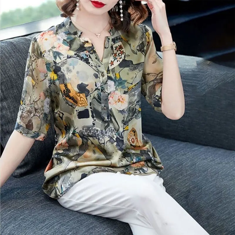

Vintage Printed Elegant V-Neck Shirt Women's Clothing Loose Stylish Button Summer Casual Short Sleeve Spliced Straight Blouse
