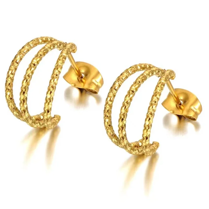 

New Gold Three-wire C-shaped Stud Earrings for Women Titanium Steel Pattern Line Earrings Simple Korean Style Earrings