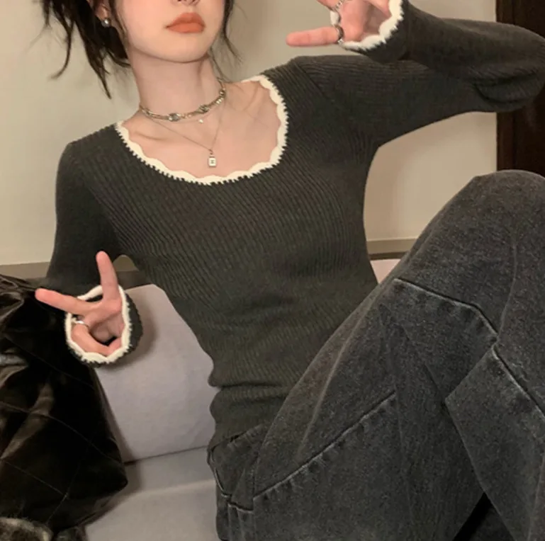 Большой круглый вырез в стиле ретро контрастного цвета облегающий нижний топ с