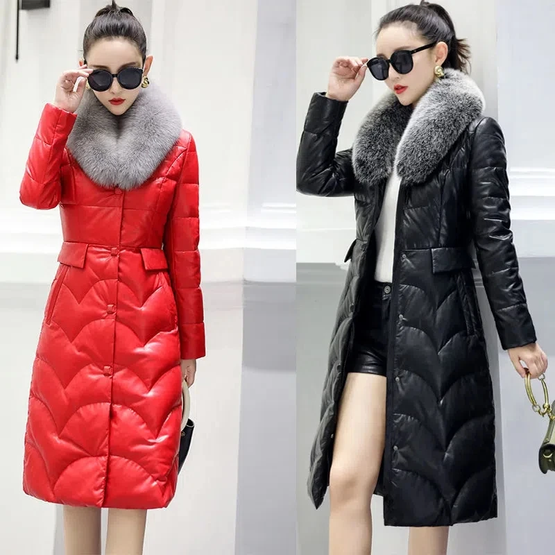 PU Leather Coat Women 2022 Winter New Fashion Slim Imitation Fox Fur Collar Cotton Jacket Female Large Size Long Thick Parkas