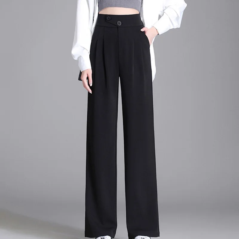 

Women Classic Wide Leg Pants Straight Pants Trousers Double-buttons Pants Suit Pants White Summer Thin With Pockets Formal Pants