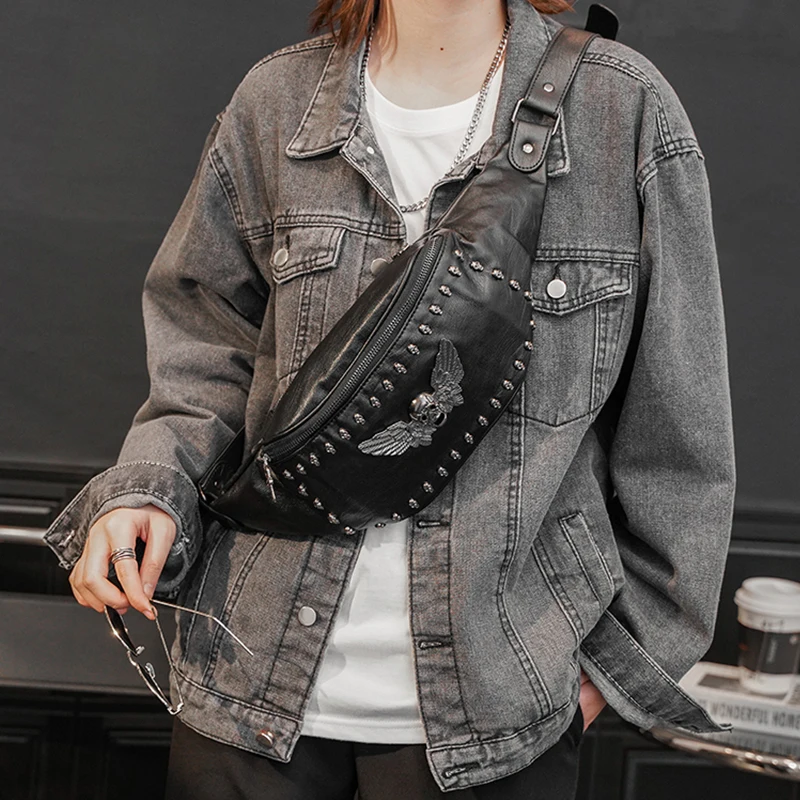 Soft Leather Sling Phone Bags Rivets Decorated Small Chest Side Purse Trendy Black One Shoulder Backpack Bag Crossbody for Men