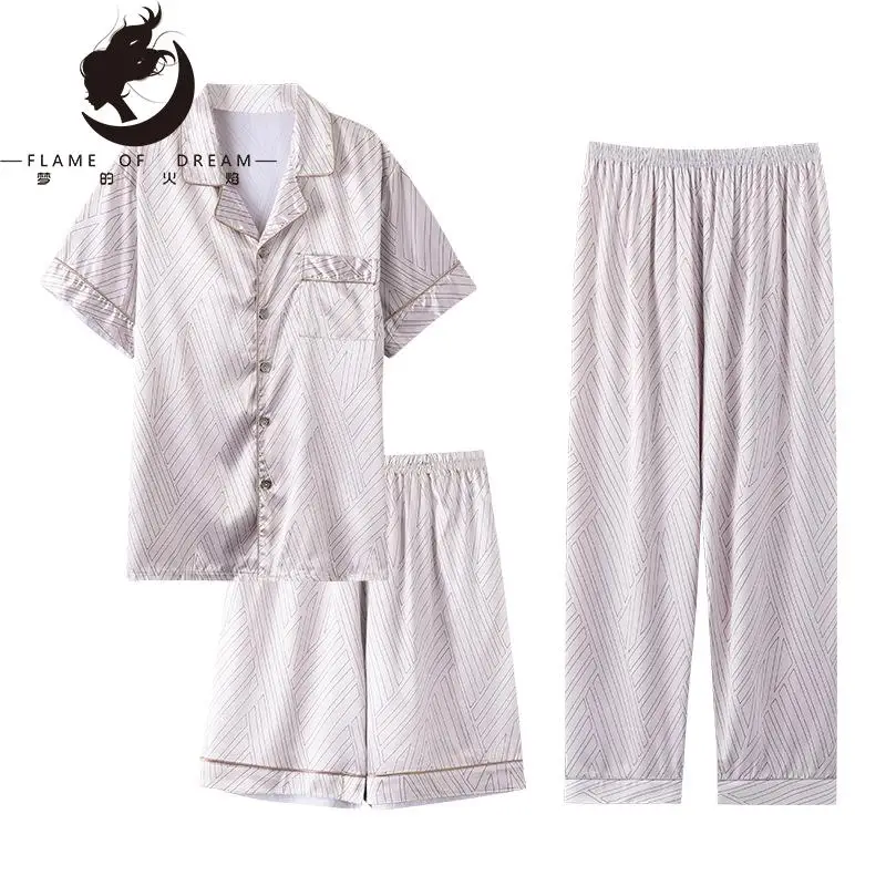 Flame Of Dream Three Piece Pajamas Men's Summer Silk Ice Silk Short Sleeve Pants  Large Size Home Clothes Thin Silk Pajamas 1405