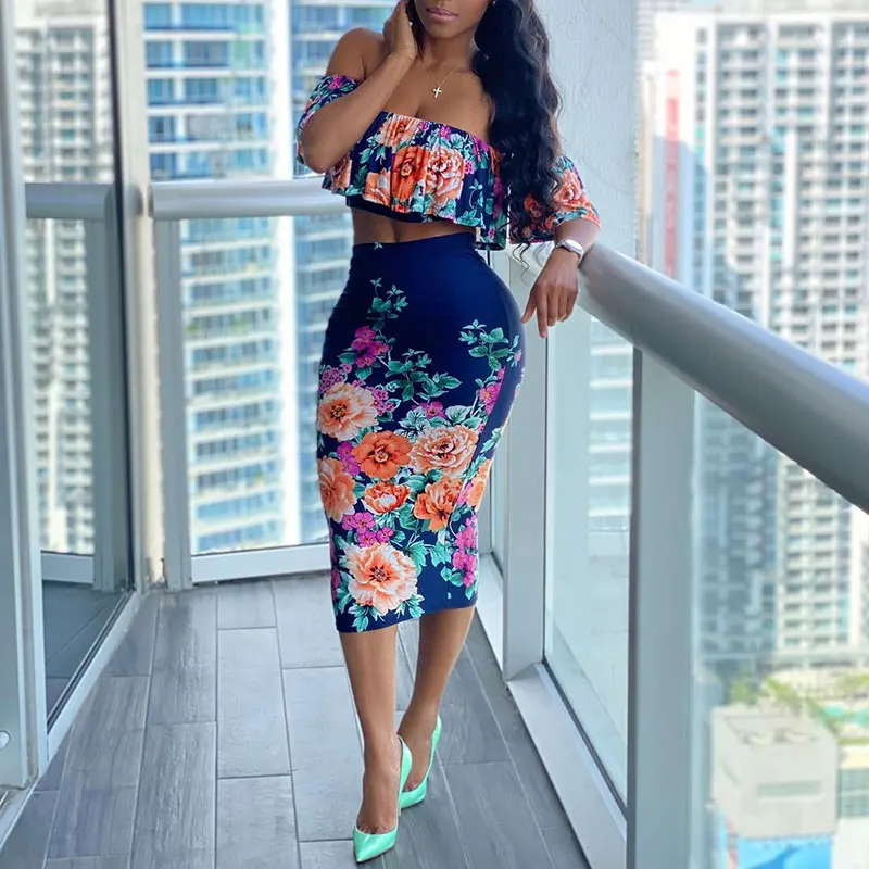 

Summer Women Casual Two Piece Dress Off Shoulder Floral Print Ruffles Crop Top Midi Bodycon Skirt Set Beach Clothes