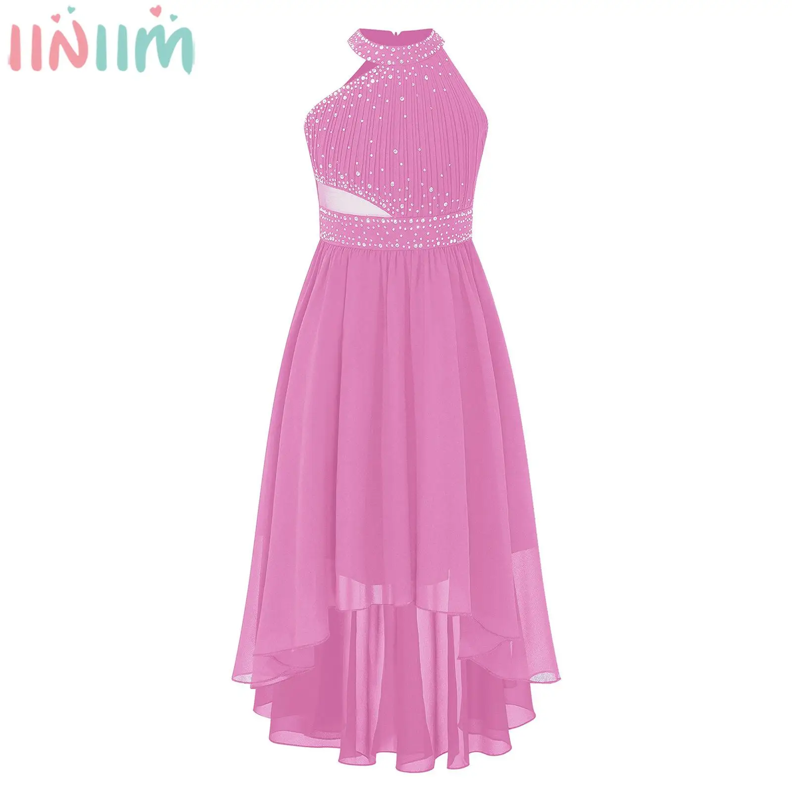 

Kids Girls Elegant Party Dress Shiny Rhinestone Ruched Bodice Mesh Hi-Lo Skirt Chiffon Princess Dress Wedding Birthday Ball Gown