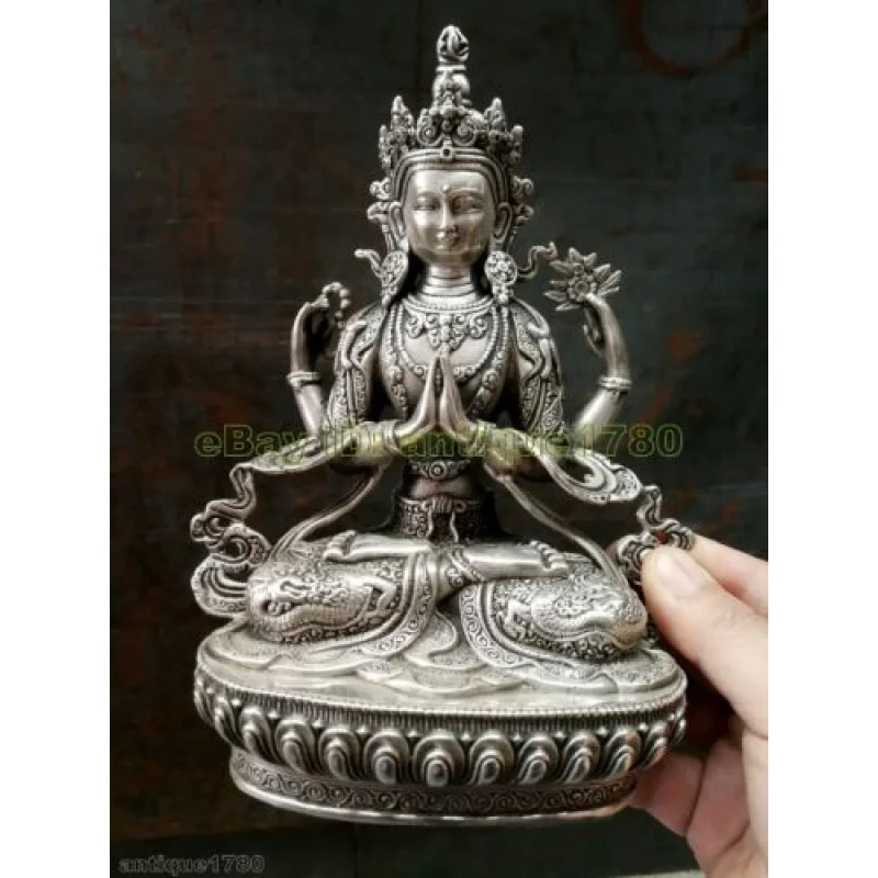 

Серебряный тибетский Будда 4-Arm Mandala Chenrezig Guanyin Статуя Дракона