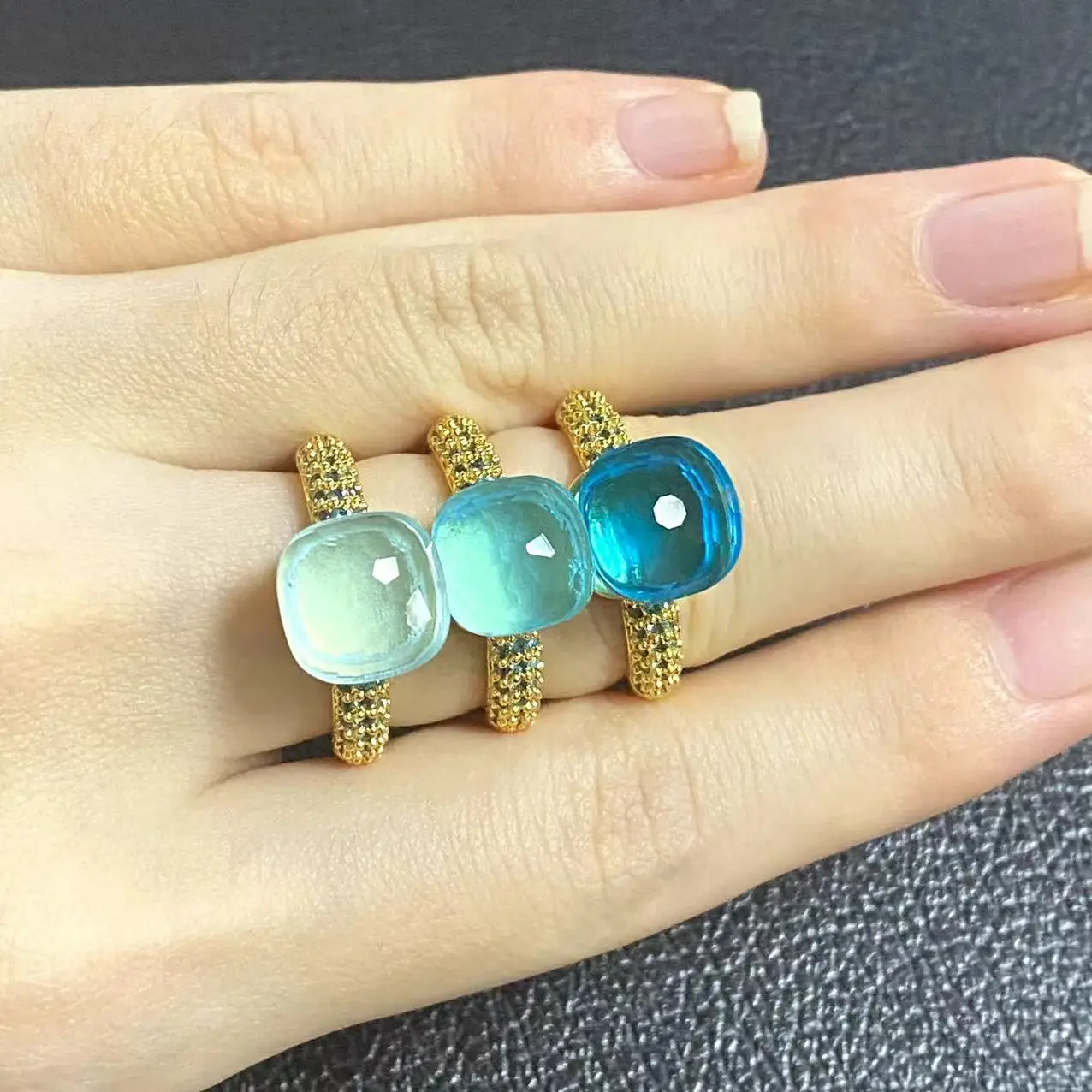 

10.6mm Pomellato Ring For Women Inlay Light Blue Zircon Blue Topaz Ring Candy Water Drop Crystal Ring Gold Plated Jewelry