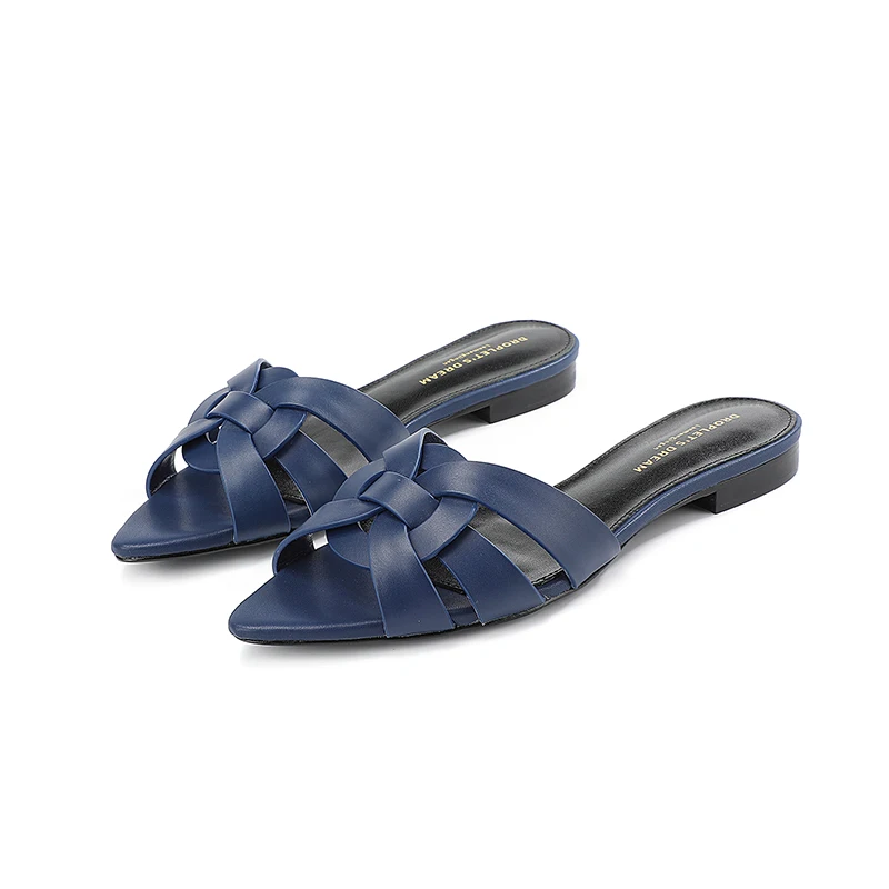 2023New Summer Fashion Pointed Cowhide Slippers Casual Beach Flip-Flops Brand Low Heel Daily Sandals Outdoor Party Slippers34-43