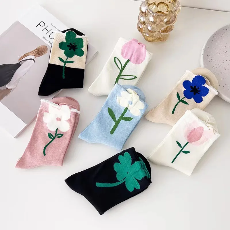 6Pairs Kawaii Women's Socks Set Sweet Floral Tulip Frilly Ruffle Socks Autumn Winter Middle Tube Fashion Casual Socks Eu35-40