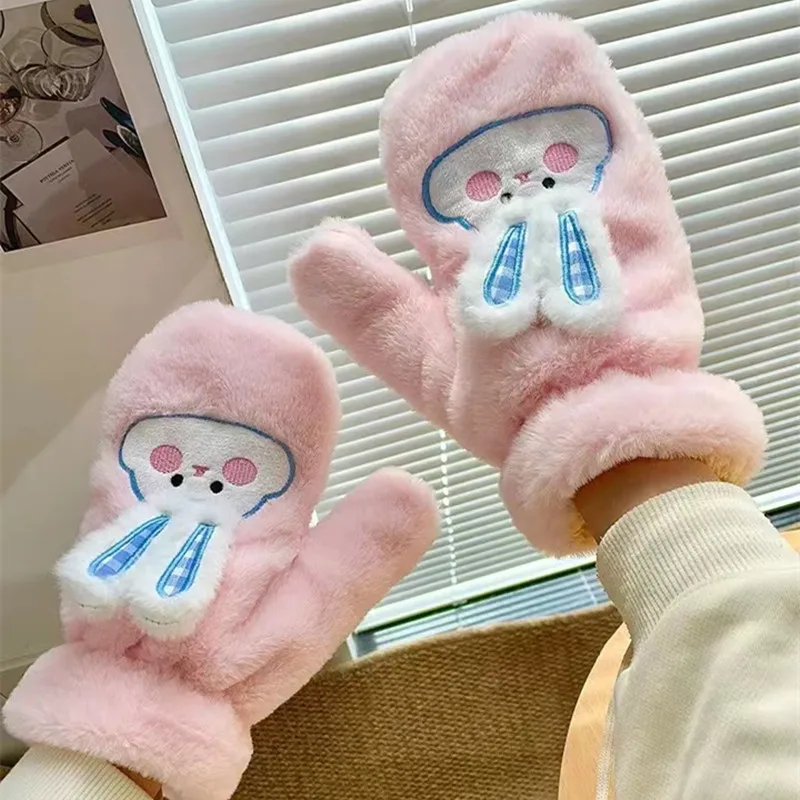 

Перчатки женские с вышивкой кролика, мягкие плюшевые теплые митенки без пальцев, теплые уличные грелки для девочек и студентов, Подарочная ...