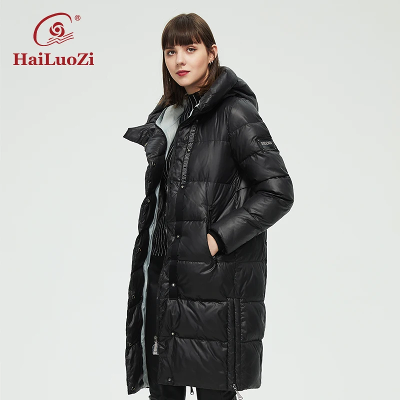 

HaiLuoZi 2022 New Winter Women's Jacket Fashion Hooded Long Slim Warm Parka Coat Diagonal Zipper Design Thick Cotton Clothes 801