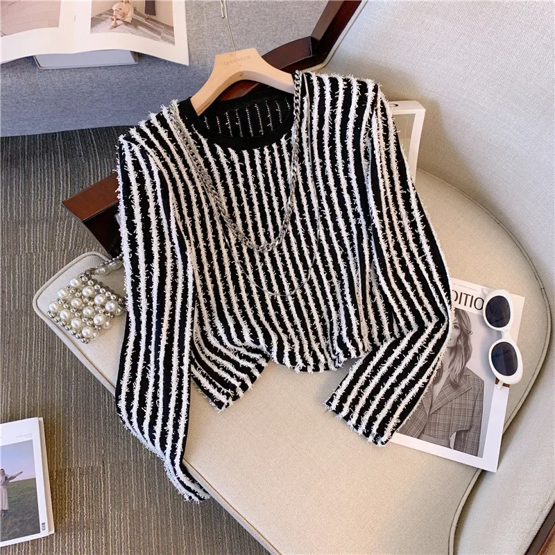 Полосатая футболка на молнии с цветными блоками и бахромой 2023 модный укороченный