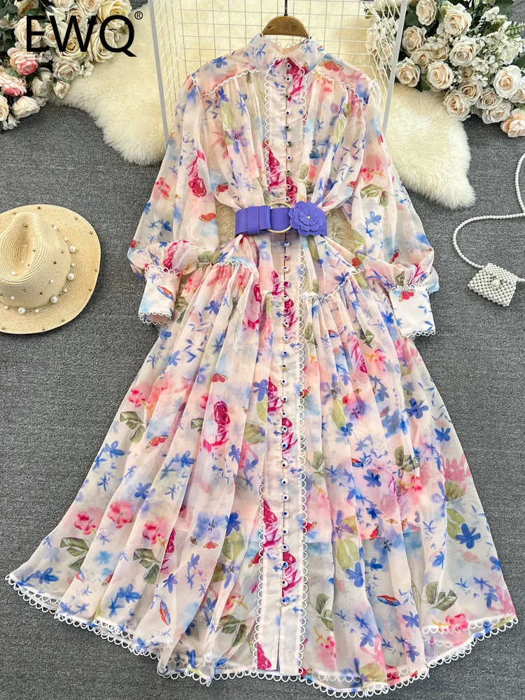 

EWQ Sweet Style Lantern Long Sleeve Lapel Contrast Color Print High Waist A-line Women's Dress 2023 Summer New Dresses 27SN2487