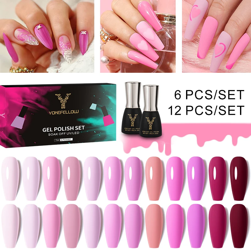 YOKEFELLOW Gel Nail Polish 12 Color Set White Pink Red Spring Summer Semi Permanent Nail Gel DIY Manicure Kit Nail Salon Gel
