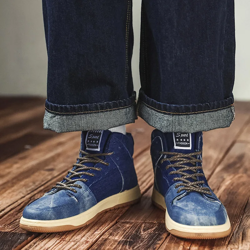 

2022 Hong Kong Style New Denim High-top Shoes Men's Retro Winter All-match Sports Shoes Boys Plus Size Casual Shoes Trend