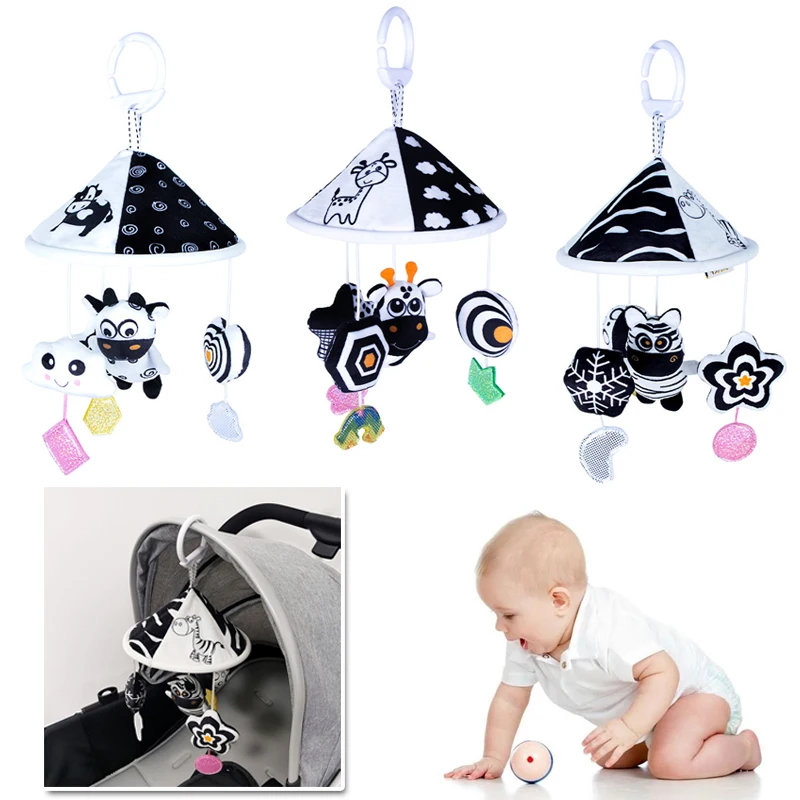 

Baby Rattle Black White Baby Rattle Bed Hanging Bed Around Cartoon Animals Wind Chime Exercise Newborn's Vision and Hearing 1-3Y