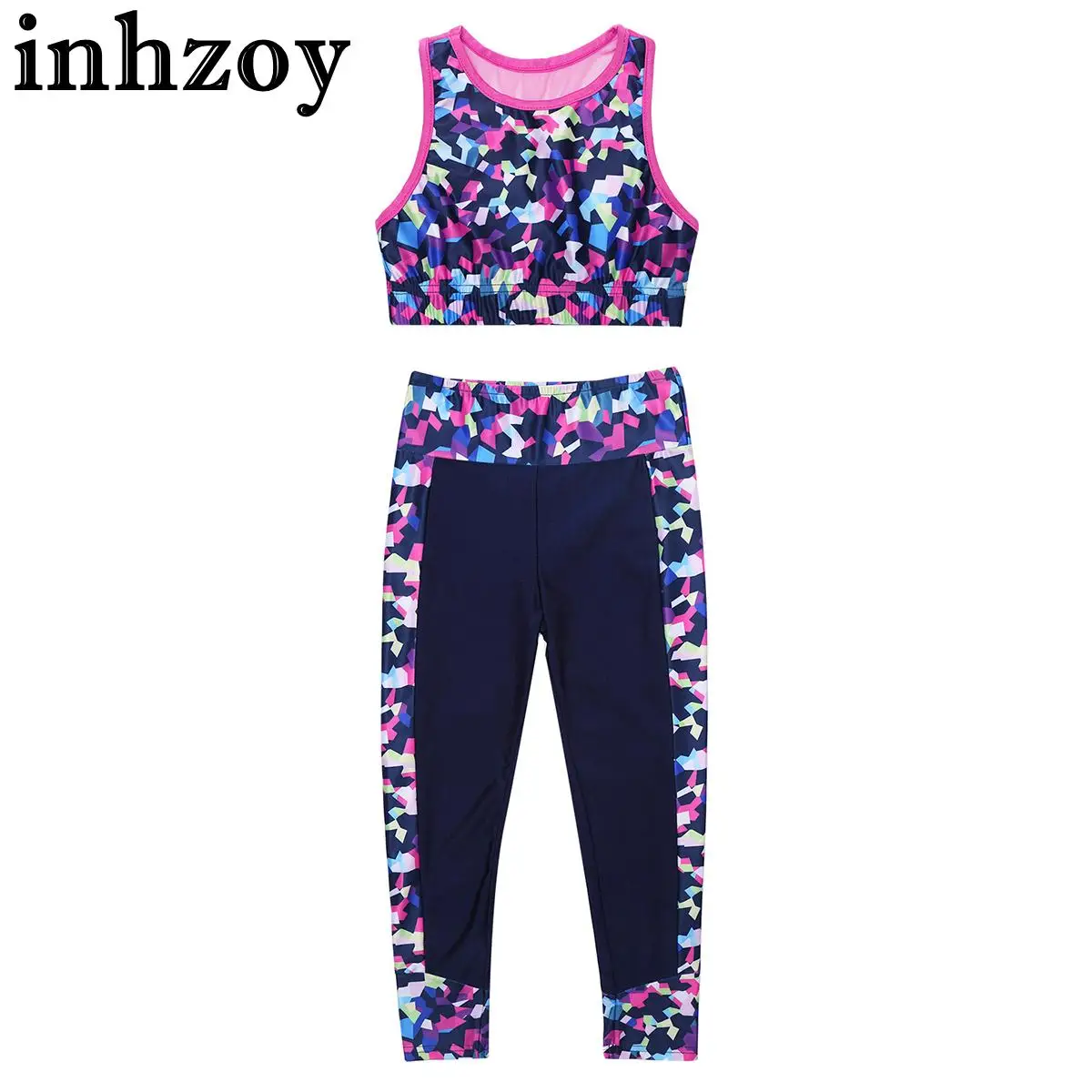 

Kids Girls Gymnastics Yoga Sports Clothes Set Sleeveless Print Racer Back Tanks Crop Top with Leggings Dancewear Workout Outfit