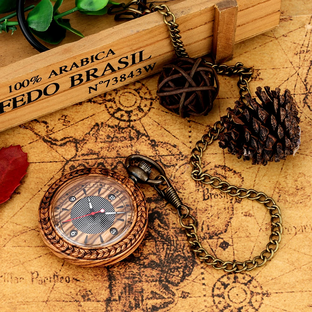 Zebra Wood Pocket Watch Necklace Luxury Gifts for Men Women Analog Fob Chain Quartz Watch Vintage Pendant Reloj De Bolsillo