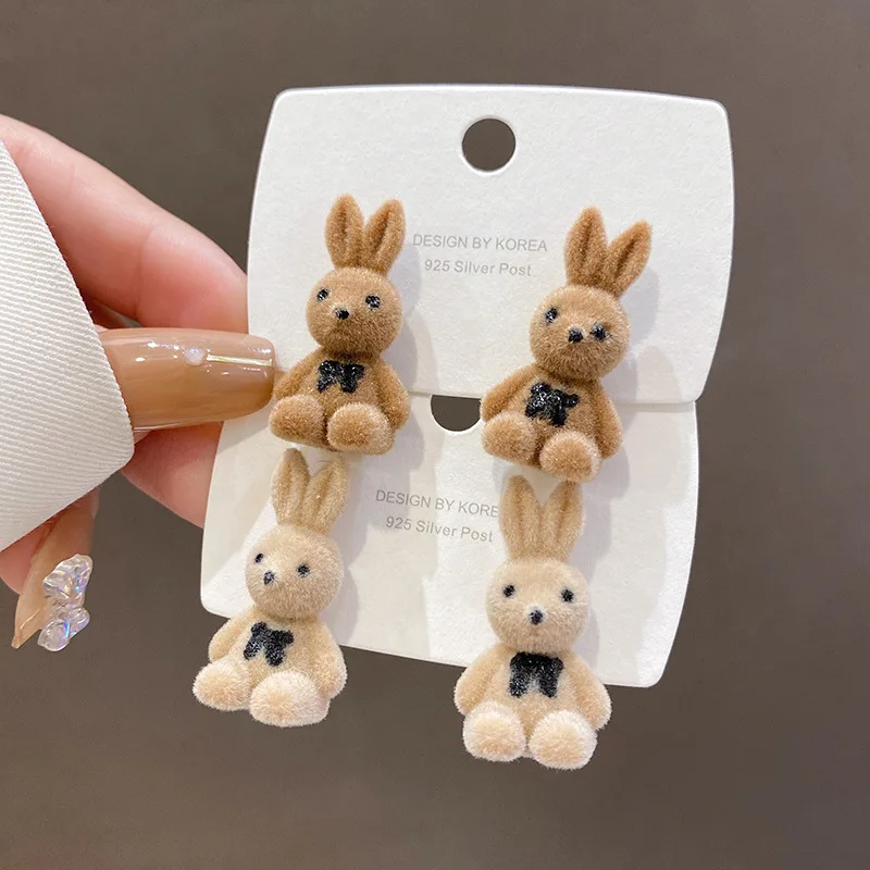 Flocking Plush Rabbits Bears Stud Earrings Brown Khaki Animal Drop For Women Girls Cute Earring Jewelry Brincos Gifts | Украшения и